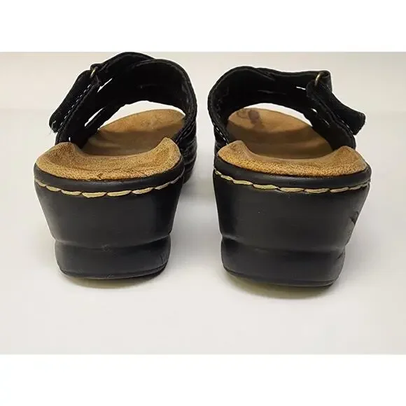 Clarks Bendables Wedge Open Toe Black Sandals Adjust Strap Leather Size 8.5M - Picture 6 of 8